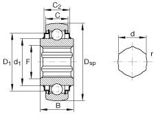 外球面球軸承 SK100-206-KRR-B-AH11, 球面外圈，內(nèi)圈帶六角形孔，兩側(cè) R 型密封