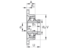 軸承座單元 RCJT1, 對角法蘭軸承座單元，鑄鐵，根據(jù) ABMA 15 - 1991, ABMA 14 - 1991, ISO3228 帶有偏心緊定環(huán)，R型密封，英制